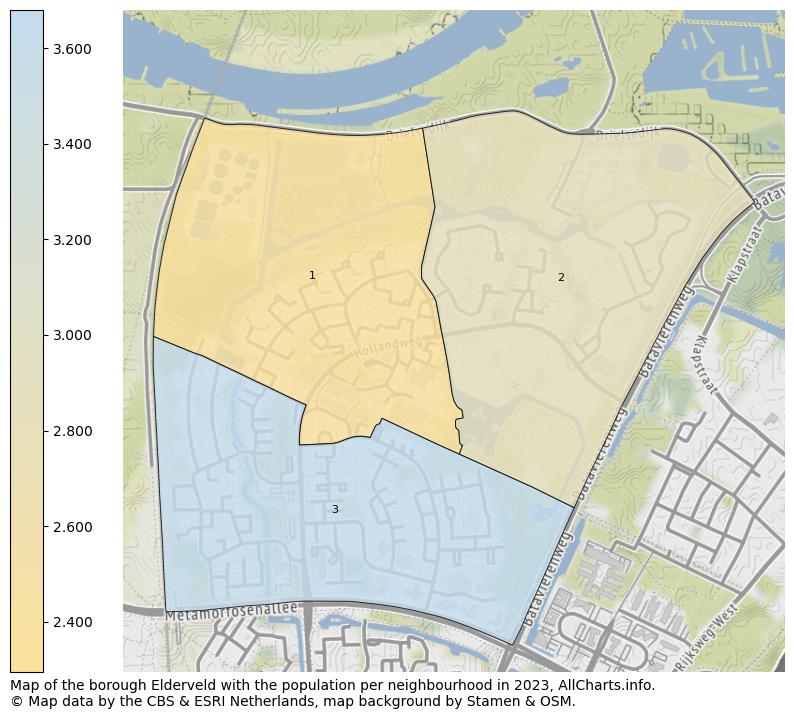 Map of the borough Elderveld with the population per neighbourhood in 2023. This page shows a lot of information about residents (such as the distribution by age groups, family composition, gender, native or Dutch with an immigration background, ...), homes (numbers, types, price development, use, type of property, ...) and more (car ownership, energy consumption, ...) based on open data from the Dutch Central Bureau of Statistics and various other sources!