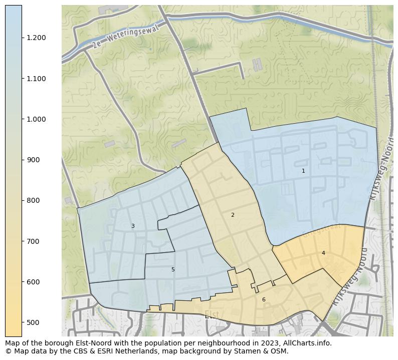 Map of the borough Elst-Noord with the population per neighbourhood in 2023. This page shows a lot of information about residents (such as the distribution by age groups, family composition, gender, native or Dutch with an immigration background, ...), homes (numbers, types, price development, use, type of property, ...) and more (car ownership, energy consumption, ...) based on open data from the Dutch Central Bureau of Statistics and various other sources!