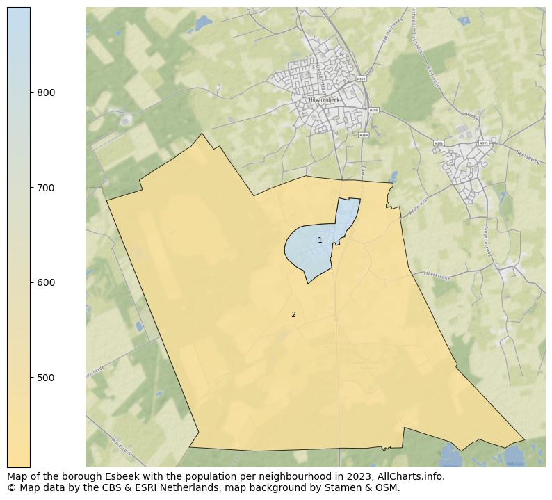 Map of the borough Esbeek with the population per neighbourhood in 2023. This page shows a lot of information about residents (such as the distribution by age groups, family composition, gender, native or Dutch with an immigration background, ...), homes (numbers, types, price development, use, type of property, ...) and more (car ownership, energy consumption, ...) based on open data from the Dutch Central Bureau of Statistics and various other sources!