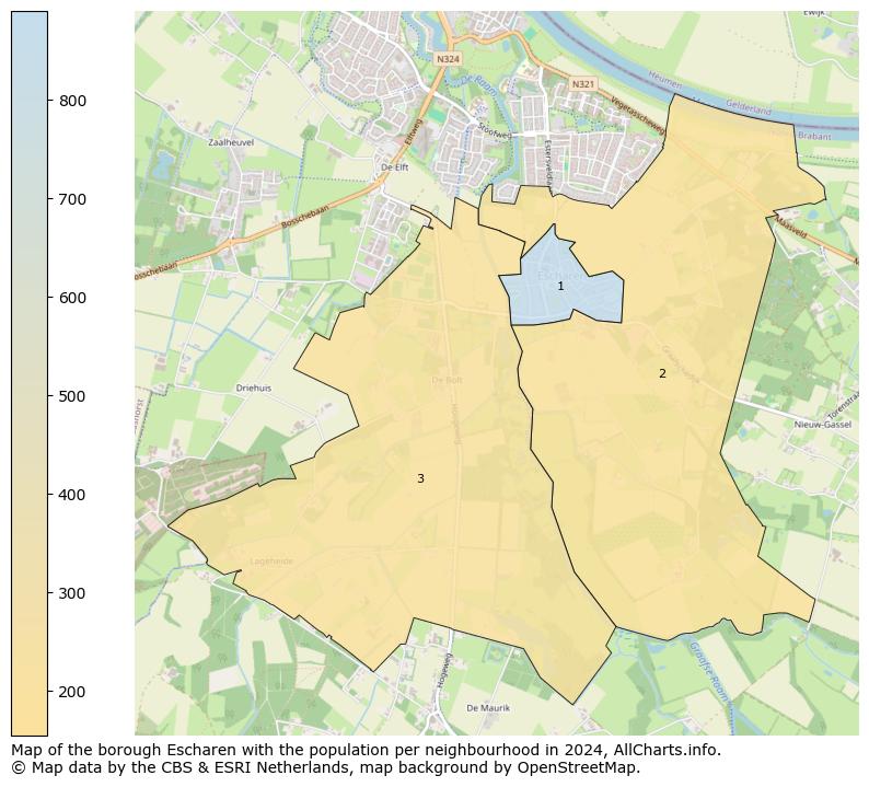 Image of the borough Escharen at the map. This image is used as introduction to this page. This page shows a lot of information about the population in the borough Escharen (such as the distribution by age groups of the residents, the composition of households, whether inhabitants are natives or Dutch with an immigration background, data about the houses (numbers, types, price development, use, type of property, ...) and more (car ownership, energy consumption, ...) based on open data from the Dutch Central Bureau of Statistics and various other sources!