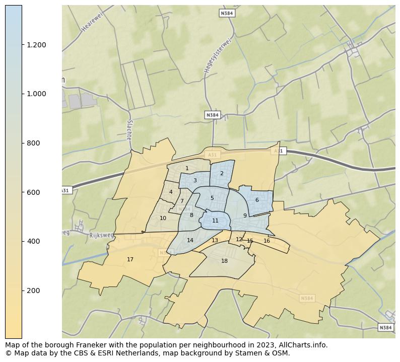 Map of the borough Franeker with the population per neighbourhood in 2023. This page shows a lot of information about residents (such as the distribution by age groups, family composition, gender, native or Dutch with an immigration background, ...), homes (numbers, types, price development, use, type of property, ...) and more (car ownership, energy consumption, ...) based on open data from the Dutch Central Bureau of Statistics and various other sources!