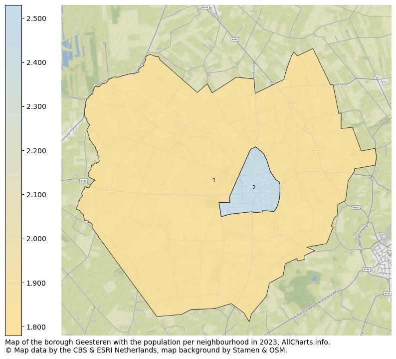 Map of the borough Geesteren with the population per neighbourhood in 2023. This page shows a lot of information about residents (such as the distribution by age groups, family composition, gender, native or Dutch with an immigration background, ...), homes (numbers, types, price development, use, type of property, ...) and more (car ownership, energy consumption, ...) based on open data from the Dutch Central Bureau of Statistics and various other sources!