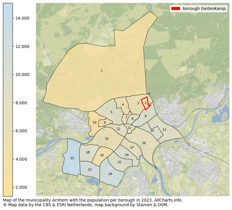 Map of the municipality Arnhem with the population per borough in 2023. This page shows a lot of information about residents (such as the distribution by age groups, family composition, gender, native or Dutch with an immigration background, ...), homes (numbers, types, price development, use, type of property, ...) and more (car ownership, energy consumption, ...) based on open data from the Dutch Central Bureau of Statistics and various other sources!