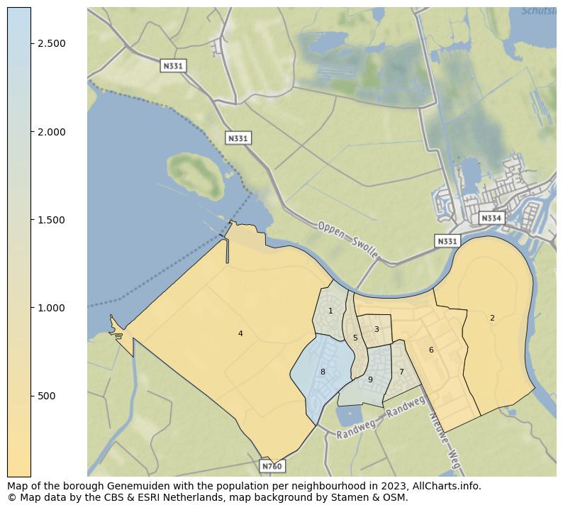 Map of the borough Genemuiden with the population per neighbourhood in 2023. This page shows a lot of information about residents (such as the distribution by age groups, family composition, gender, native or Dutch with an immigration background, ...), homes (numbers, types, price development, use, type of property, ...) and more (car ownership, energy consumption, ...) based on open data from the Dutch Central Bureau of Statistics and various other sources!