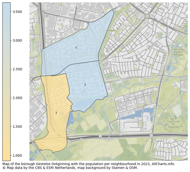 Map of the borough Gestelse Ontginning with the population per neighbourhood in 2023. This page shows a lot of information about residents (such as the distribution by age groups, family composition, gender, native or Dutch with an immigration background, ...), homes (numbers, types, price development, use, type of property, ...) and more (car ownership, energy consumption, ...) based on open data from the Dutch Central Bureau of Statistics and various other sources!