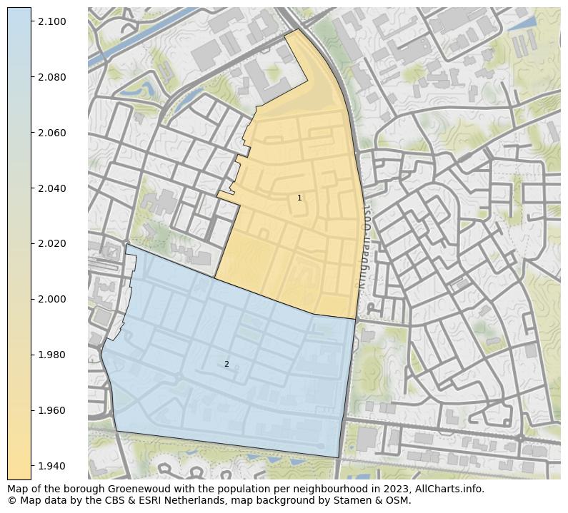 Map of the borough Groenewoud with the population per neighbourhood in 2023. This page shows a lot of information about residents (such as the distribution by age groups, family composition, gender, native or Dutch with an immigration background, ...), homes (numbers, types, price development, use, type of property, ...) and more (car ownership, energy consumption, ...) based on open data from the Dutch Central Bureau of Statistics and various other sources!