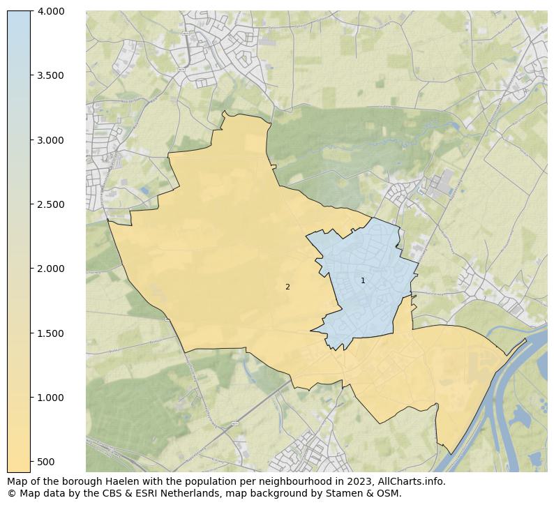 Map of the borough Haelen with the population per neighbourhood in 2023. This page shows a lot of information about residents (such as the distribution by age groups, family composition, gender, native or Dutch with an immigration background, ...), homes (numbers, types, price development, use, type of property, ...) and more (car ownership, energy consumption, ...) based on open data from the Dutch Central Bureau of Statistics and various other sources!