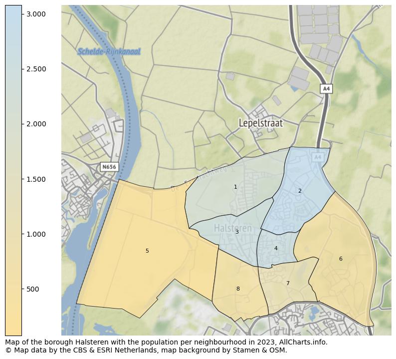 Map of the borough Halsteren with the population per neighbourhood in 2023. This page shows a lot of information about residents (such as the distribution by age groups, family composition, gender, native or Dutch with an immigration background, ...), homes (numbers, types, price development, use, type of property, ...) and more (car ownership, energy consumption, ...) based on open data from the Dutch Central Bureau of Statistics and various other sources!