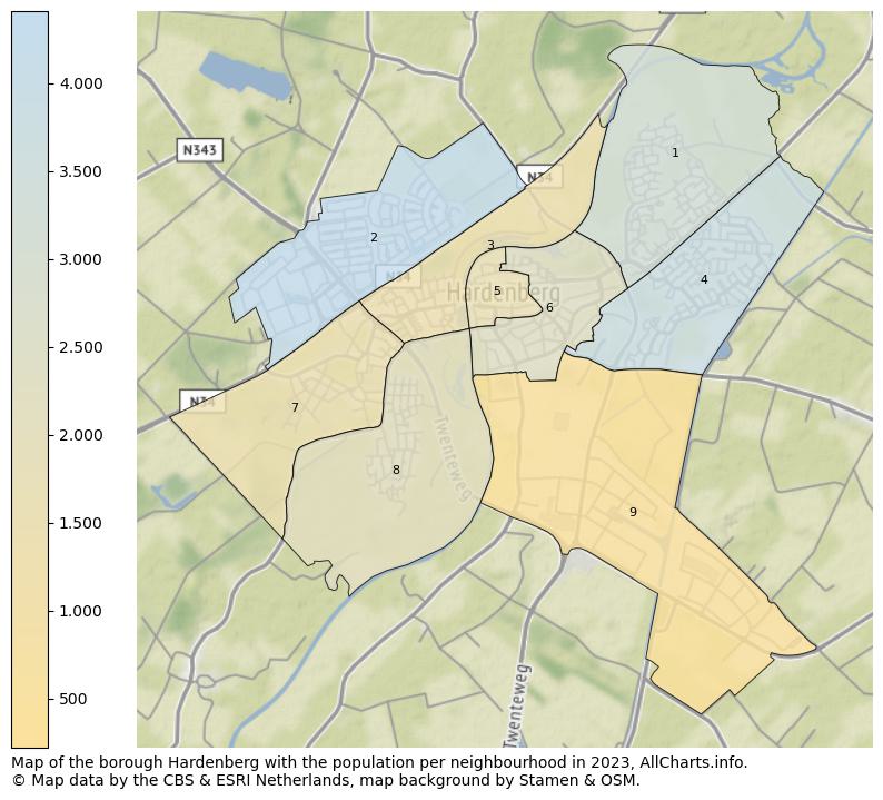 Map of the borough Hardenberg with the population per neighbourhood in 2021. This page shows a lot of information about residents (such as the distribution by age groups, family composition, gender, native or Dutch with an immigration background, ...), homes (numbers, types, price development, use, type of property, ...) and more (car ownership, energy consumption, ...) based on open data from the Dutch Central Bureau of Statistics and various other sources!