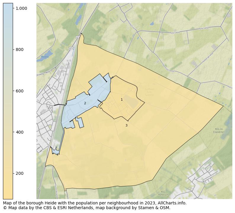Map of the borough Heide with the population per neighbourhood in 2023. This page shows a lot of information about residents (such as the distribution by age groups, family composition, gender, native or Dutch with an immigration background, ...), homes (numbers, types, price development, use, type of property, ...) and more (car ownership, energy consumption, ...) based on open data from the Dutch Central Bureau of Statistics and various other sources!