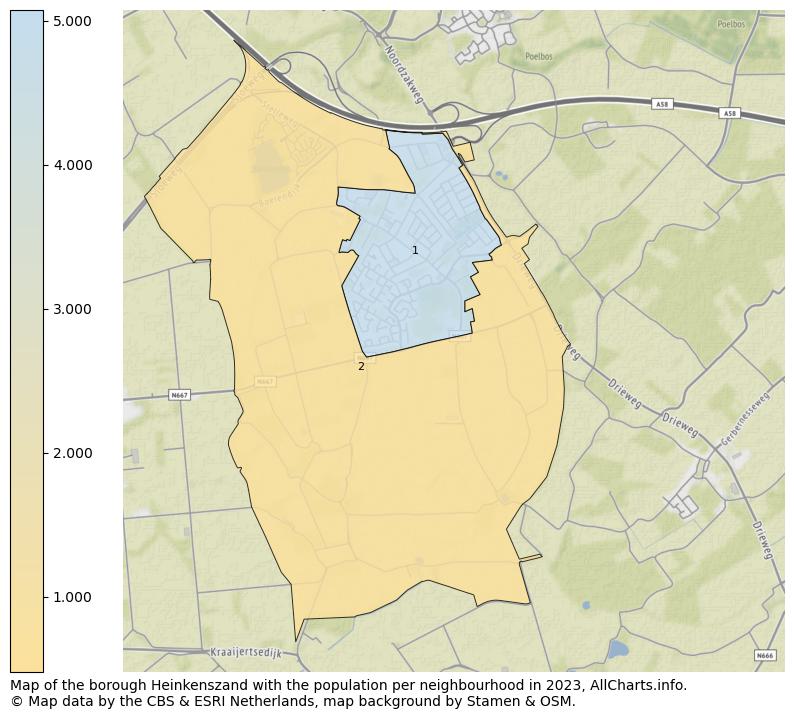 Map of the borough Heinkenszand with the population per neighbourhood in 2023. This page shows a lot of information about residents (such as the distribution by age groups, family composition, gender, native or Dutch with an immigration background, ...), homes (numbers, types, price development, use, type of property, ...) and more (car ownership, energy consumption, ...) based on open data from the Dutch Central Bureau of Statistics and various other sources!