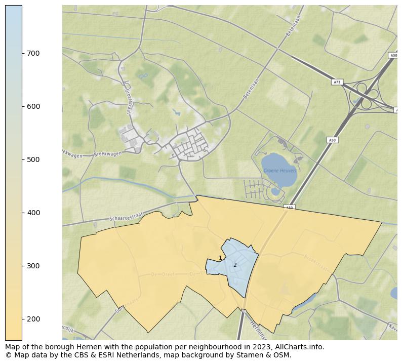 Map of the borough Hernen with the population per neighbourhood in 2023. This page shows a lot of information about residents (such as the distribution by age groups, family composition, gender, native or Dutch with an immigration background, ...), homes (numbers, types, price development, use, type of property, ...) and more (car ownership, energy consumption, ...) based on open data from the Dutch Central Bureau of Statistics and various other sources!