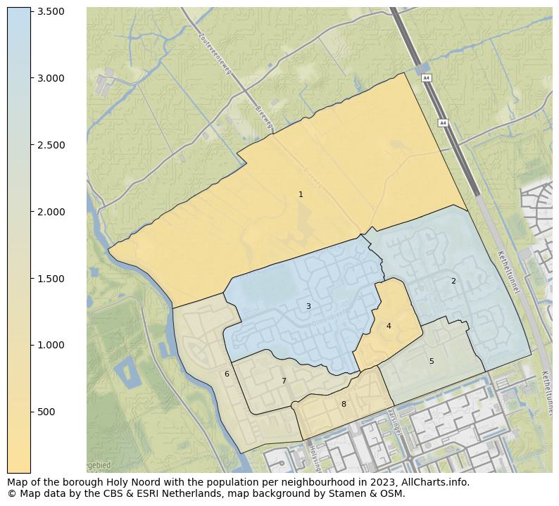 Map of the borough Holy Noord with the population per neighbourhood in 2023. This page shows a lot of information about residents (such as the distribution by age groups, family composition, gender, native or Dutch with an immigration background, ...), homes (numbers, types, price development, use, type of property, ...) and more (car ownership, energy consumption, ...) based on open data from the Dutch Central Bureau of Statistics and various other sources!