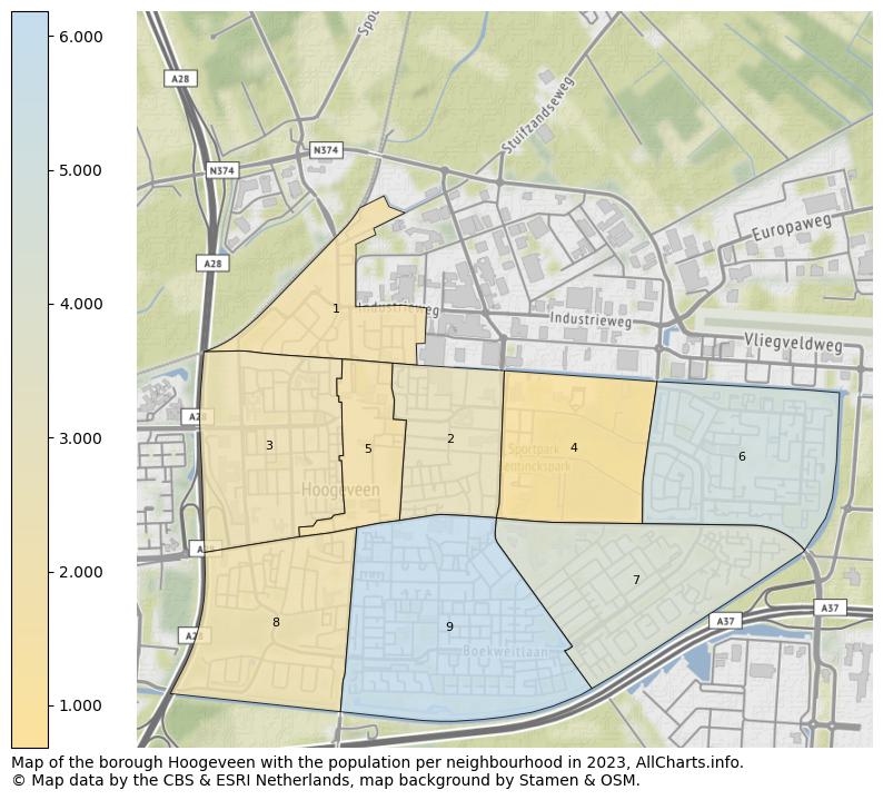 Map of the borough Hoogeveen with the population per neighbourhood in 2023. This page shows a lot of information about residents (such as the distribution by age groups, family composition, gender, native or Dutch with an immigration background, ...), homes (numbers, types, price development, use, type of property, ...) and more (car ownership, energy consumption, ...) based on open data from the Dutch Central Bureau of Statistics and various other sources!