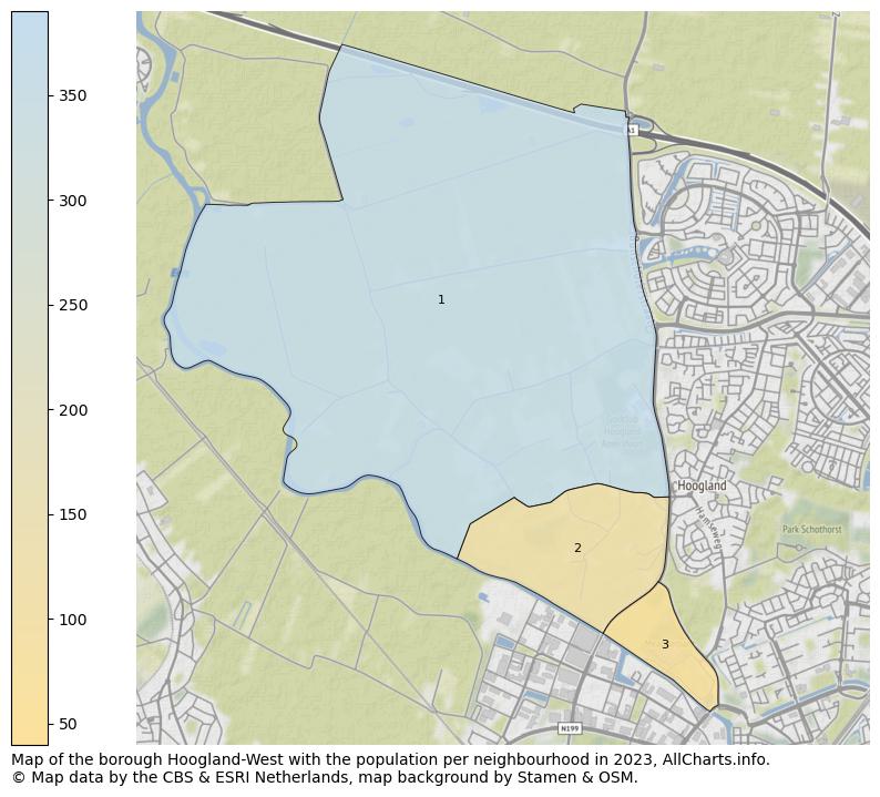 Map of the borough Hoogland-West with the population per neighbourhood in 2023. This page shows a lot of information about residents (such as the distribution by age groups, family composition, gender, native or Dutch with an immigration background, ...), homes (numbers, types, price development, use, type of property, ...) and more (car ownership, energy consumption, ...) based on open data from the Dutch Central Bureau of Statistics and various other sources!
