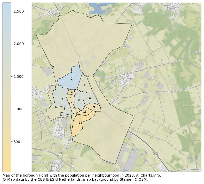 Map of the borough Horst with the population per neighbourhood in 2023. This page shows a lot of information about residents (such as the distribution by age groups, family composition, gender, native or Dutch with an immigration background, ...), homes (numbers, types, price development, use, type of property, ...) and more (car ownership, energy consumption, ...) based on open data from the Dutch Central Bureau of Statistics and various other sources!
