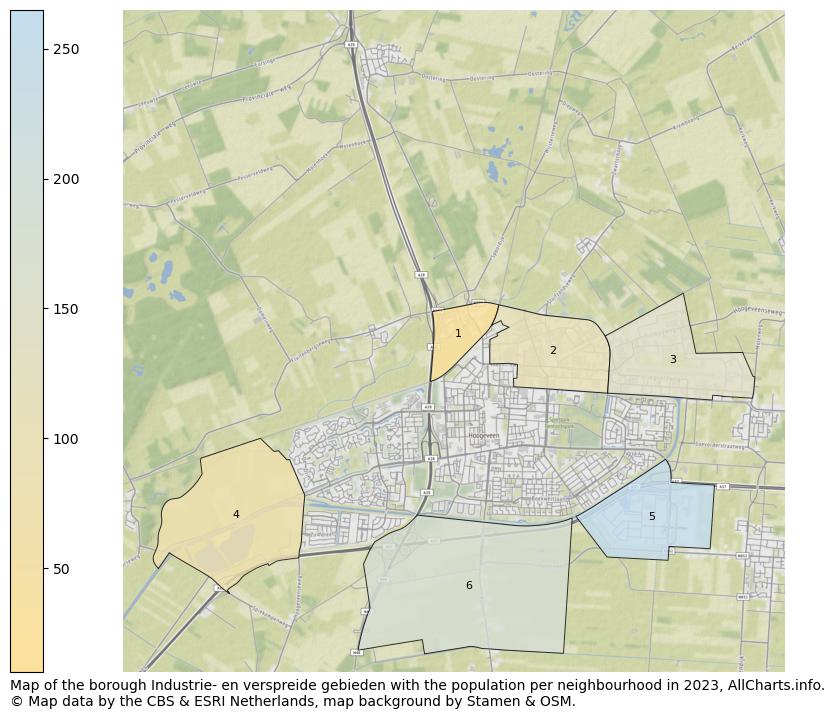 Map of the borough Industrie- en verspreide gebieden with the population per neighbourhood in 2023. This page shows a lot of information about residents (such as the distribution by age groups, family composition, gender, native or Dutch with an immigration background, ...), homes (numbers, types, price development, use, type of property, ...) and more (car ownership, energy consumption, ...) based on open data from the Dutch Central Bureau of Statistics and various other sources!