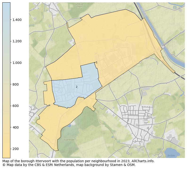 Map of the borough Ittervoort with the population per neighbourhood in 2023. This page shows a lot of information about residents (such as the distribution by age groups, family composition, gender, native or Dutch with an immigration background, ...), homes (numbers, types, price development, use, type of property, ...) and more (car ownership, energy consumption, ...) based on open data from the Dutch Central Bureau of Statistics and various other sources!