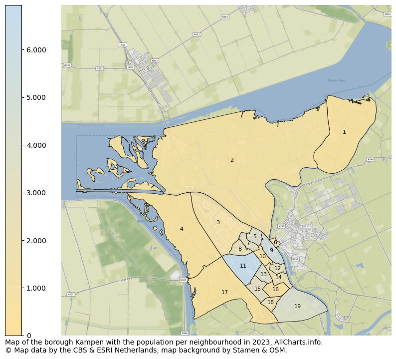 Map of the borough Kampen with the population per neighbourhood in 2021. This page shows a lot of information about residents (such as the distribution by age groups, family composition, gender, native or Dutch with an immigration background, ...), homes (numbers, types, price development, use, type of property, ...) and more (car ownership, energy consumption, ...) based on open data from the Dutch Central Bureau of Statistics and various other sources!