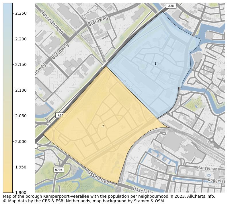 Map of the borough Kamperpoort-Veerallee with the population per neighbourhood in 2021. This page shows a lot of information about residents (such as the distribution by age groups, family composition, gender, native or Dutch with an immigration background, ...), homes (numbers, types, price development, use, type of property, ...) and more (car ownership, energy consumption, ...) based on open data from the Dutch Central Bureau of Statistics and various other sources!