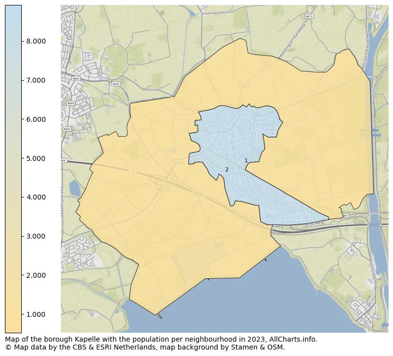 Map of the borough Kapelle with the population per neighbourhood in 2021. This page shows a lot of information about residents (such as the distribution by age groups, family composition, gender, native or Dutch with an immigration background, ...), homes (numbers, types, price development, use, type of property, ...) and more (car ownership, energy consumption, ...) based on open data from the Dutch Central Bureau of Statistics and various other sources!