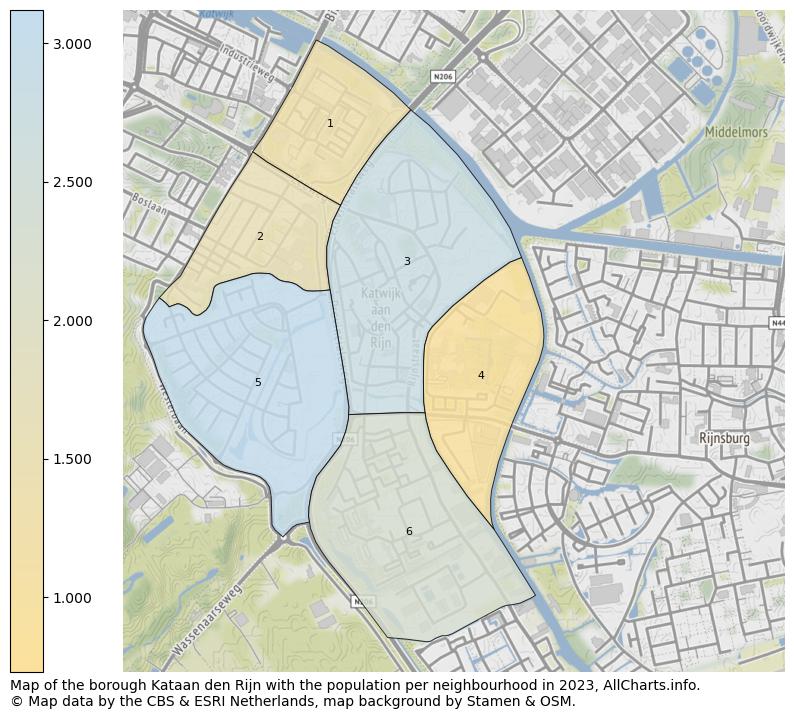 Map of the borough Kataan den Rijn with the population per neighbourhood in 2023. This page shows a lot of information about residents (such as the distribution by age groups, family composition, gender, native or Dutch with an immigration background, ...), homes (numbers, types, price development, use, type of property, ...) and more (car ownership, energy consumption, ...) based on open data from the Dutch Central Bureau of Statistics and various other sources!