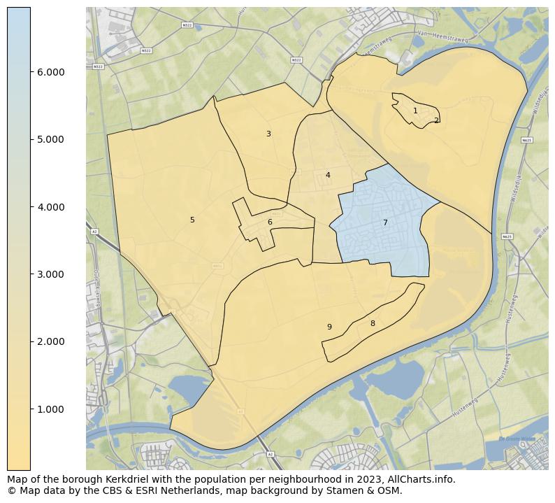 Map of the borough Kerkdriel with the population per neighbourhood in 2022. This page shows a lot of information about residents (such as the distribution by age groups, family composition, gender, native or Dutch with an immigration background, ...), homes (numbers, types, price development, use, type of property, ...) and more (car ownership, energy consumption, ...) based on open data from the Dutch Central Bureau of Statistics and various other sources!