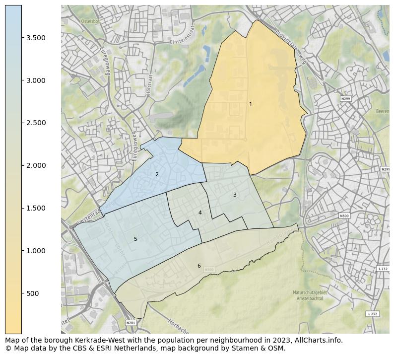 Map of the borough Kerkrade-West with the population per neighbourhood in 2023. This page shows a lot of information about residents (such as the distribution by age groups, family composition, gender, native or Dutch with an immigration background, ...), homes (numbers, types, price development, use, type of property, ...) and more (car ownership, energy consumption, ...) based on open data from the Dutch Central Bureau of Statistics and various other sources!