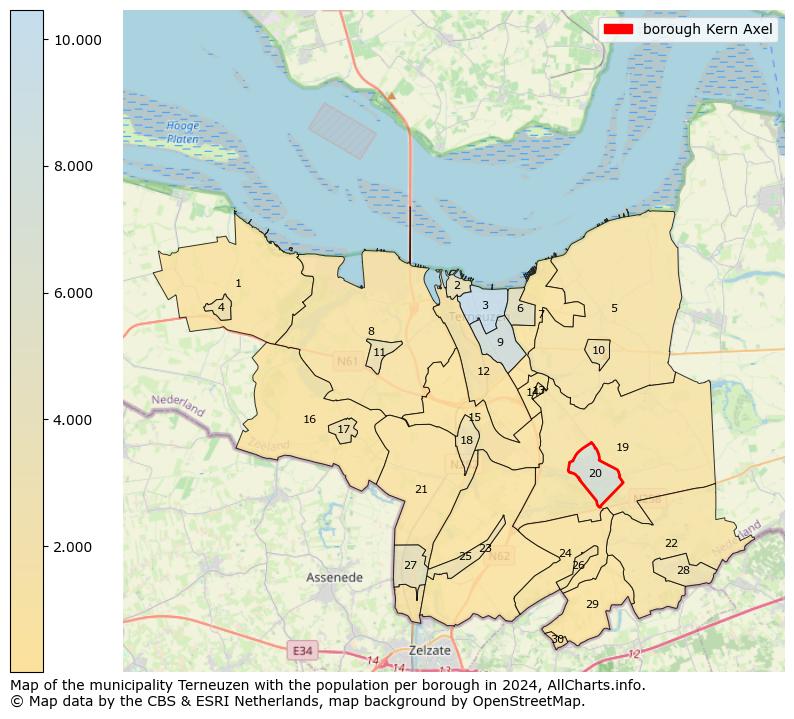 Image of the borough Kern Axel at the map. This image is used as introduction to this page. This page shows a lot of information about the population in the borough Kern Axel (such as the distribution by age groups of the residents, the composition of households, whether inhabitants are natives or Dutch with an immigration background, data about the houses (numbers, types, price development, use, type of property, ...) and more (car ownership, energy consumption, ...) based on open data from the Dutch Central Bureau of Statistics and various other sources!