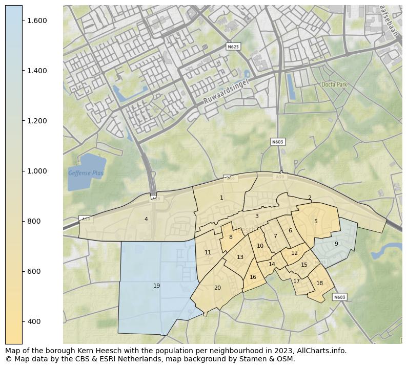 Map of the borough Kern Heesch with the population per neighbourhood in 2023. This page shows a lot of information about residents (such as the distribution by age groups, family composition, gender, native or Dutch with an immigration background, ...), homes (numbers, types, price development, use, type of property, ...) and more (car ownership, energy consumption, ...) based on open data from the Dutch Central Bureau of Statistics and various other sources!