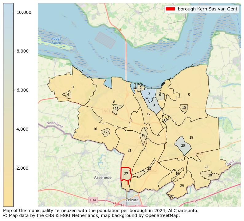 Image of the borough Kern Sas van Gent at the map. This image is used as introduction to this page. This page shows a lot of information about the population in the borough Kern Sas van Gent (such as the distribution by age groups of the residents, the composition of households, whether inhabitants are natives or Dutch with an immigration background, data about the houses (numbers, types, price development, use, type of property, ...) and more (car ownership, energy consumption, ...) based on open data from the Dutch Central Bureau of Statistics and various other sources!