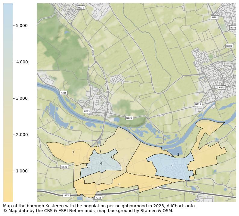 Map of the borough Kesteren with the population per neighbourhood in 2023. This page shows a lot of information about residents (such as the distribution by age groups, family composition, gender, native or Dutch with an immigration background, ...), homes (numbers, types, price development, use, type of property, ...) and more (car ownership, energy consumption, ...) based on open data from the Dutch Central Bureau of Statistics and various other sources!