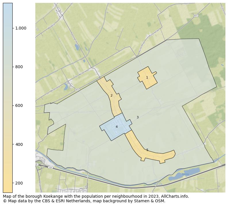 Map of the borough Koekange with the population per neighbourhood in 2023. This page shows a lot of information about residents (such as the distribution by age groups, family composition, gender, native or Dutch with an immigration background, ...), homes (numbers, types, price development, use, type of property, ...) and more (car ownership, energy consumption, ...) based on open data from the Dutch Central Bureau of Statistics and various other sources!