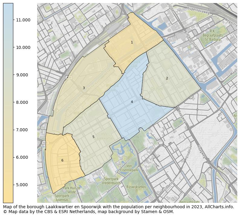 Map of the borough Laakkwartier en Spoorwijk with the population per neighbourhood in 2021. This page shows a lot of information about residents (such as the distribution by age groups, family composition, gender, native or Dutch with an immigration background, ...), homes (numbers, types, price development, use, type of property, ...) and more (car ownership, energy consumption, ...) based on open data from the Dutch Central Bureau of Statistics and various other sources!