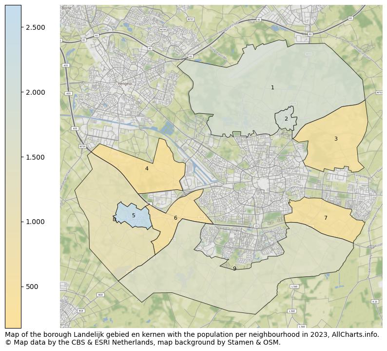 Map of the borough Landelijk gebied en kernen with the population per neighbourhood in 2023. This page shows a lot of information about residents (such as the distribution by age groups, family composition, gender, native or Dutch with an immigration background, ...), homes (numbers, types, price development, use, type of property, ...) and more (car ownership, energy consumption, ...) based on open data from the Dutch Central Bureau of Statistics and various other sources!