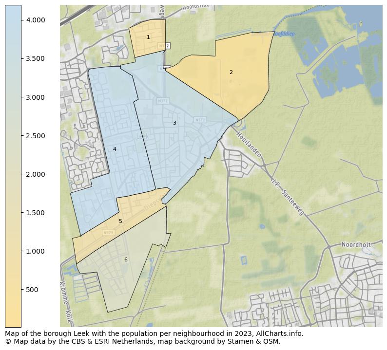 Map of the borough Leek with the population per neighbourhood in 2023. This page shows a lot of information about residents (such as the distribution by age groups, family composition, gender, native or Dutch with an immigration background, ...), homes (numbers, types, price development, use, type of property, ...) and more (car ownership, energy consumption, ...) based on open data from the Dutch Central Bureau of Statistics and various other sources!