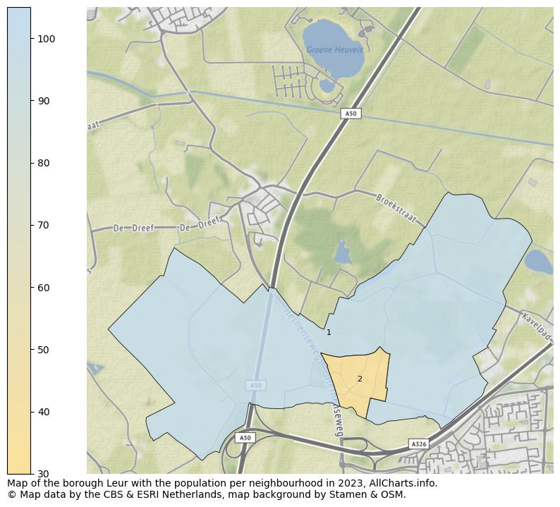 Map of the borough Leur with the population per neighbourhood in 2023. This page shows a lot of information about residents (such as the distribution by age groups, family composition, gender, native or Dutch with an immigration background, ...), homes (numbers, types, price development, use, type of property, ...) and more (car ownership, energy consumption, ...) based on open data from the Dutch Central Bureau of Statistics and various other sources!