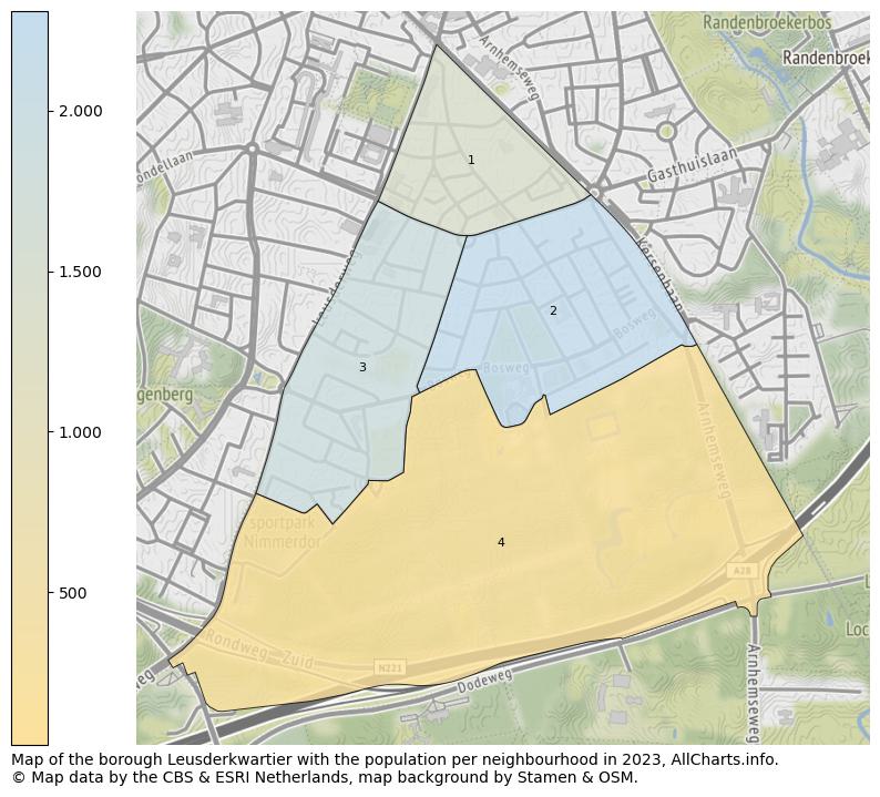 Map of the borough Leusderkwartier with the population per neighbourhood in 2023. This page shows a lot of information about residents (such as the distribution by age groups, family composition, gender, native or Dutch with an immigration background, ...), homes (numbers, types, price development, use, type of property, ...) and more (car ownership, energy consumption, ...) based on open data from the Dutch Central Bureau of Statistics and various other sources!