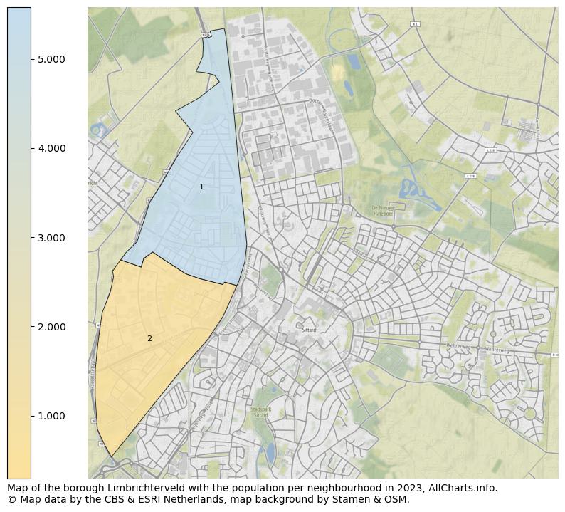 Map of the borough Limbrichterveld with the population per neighbourhood in 2023. This page shows a lot of information about residents (such as the distribution by age groups, family composition, gender, native or Dutch with an immigration background, ...), homes (numbers, types, price development, use, type of property, ...) and more (car ownership, energy consumption, ...) based on open data from the Dutch Central Bureau of Statistics and various other sources!
