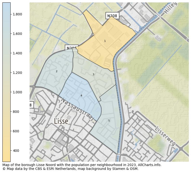 Map of the borough Lisse Noord with the population per neighbourhood in 2023. This page shows a lot of information about residents (such as the distribution by age groups, family composition, gender, native or Dutch with an immigration background, ...), homes (numbers, types, price development, use, type of property, ...) and more (car ownership, energy consumption, ...) based on open data from the Dutch Central Bureau of Statistics and various other sources!