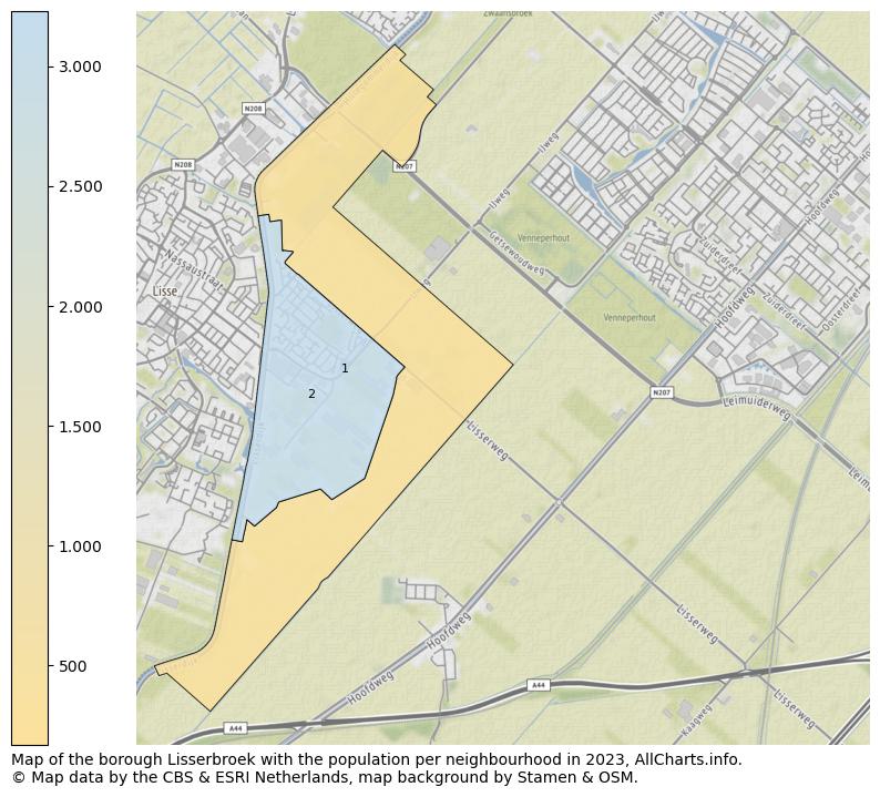 Map of the borough Lisserbroek with the population per neighbourhood in 2023. This page shows a lot of information about residents (such as the distribution by age groups, family composition, gender, native or Dutch with an immigration background, ...), homes (numbers, types, price development, use, type of property, ...) and more (car ownership, energy consumption, ...) based on open data from the Dutch Central Bureau of Statistics and various other sources!