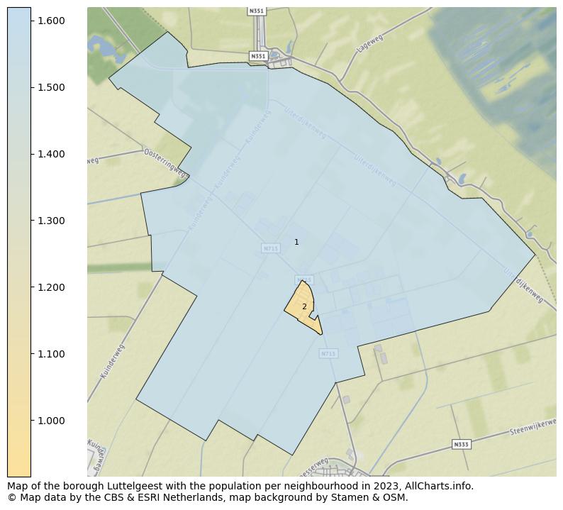 Map of the borough Luttelgeest with the population per neighbourhood in 2023. This page shows a lot of information about residents (such as the distribution by age groups, family composition, gender, native or Dutch with an immigration background, ...), homes (numbers, types, price development, use, type of property, ...) and more (car ownership, energy consumption, ...) based on open data from the Dutch Central Bureau of Statistics and various other sources!