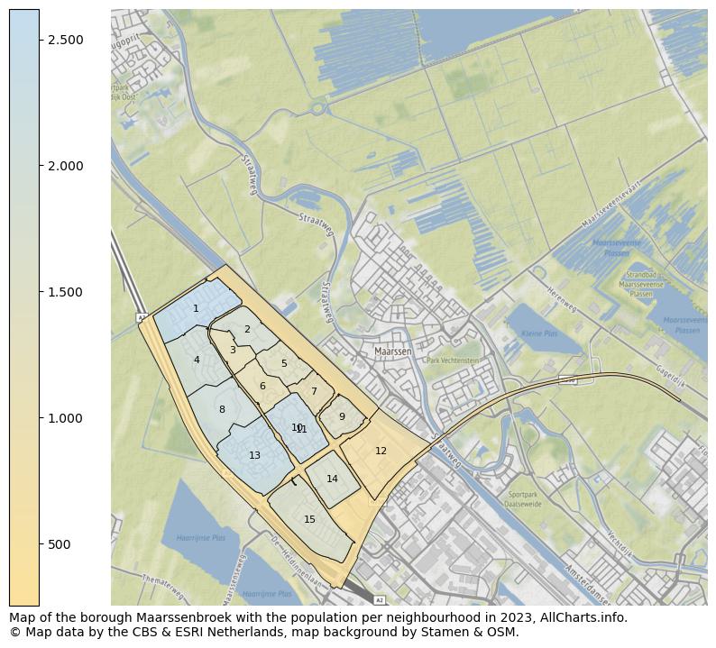 Map of the borough Maarssenbroek with the population per neighbourhood in 2023. This page shows a lot of information about residents (such as the distribution by age groups, family composition, gender, native or Dutch with an immigration background, ...), homes (numbers, types, price development, use, type of property, ...) and more (car ownership, energy consumption, ...) based on open data from the Dutch Central Bureau of Statistics and various other sources!