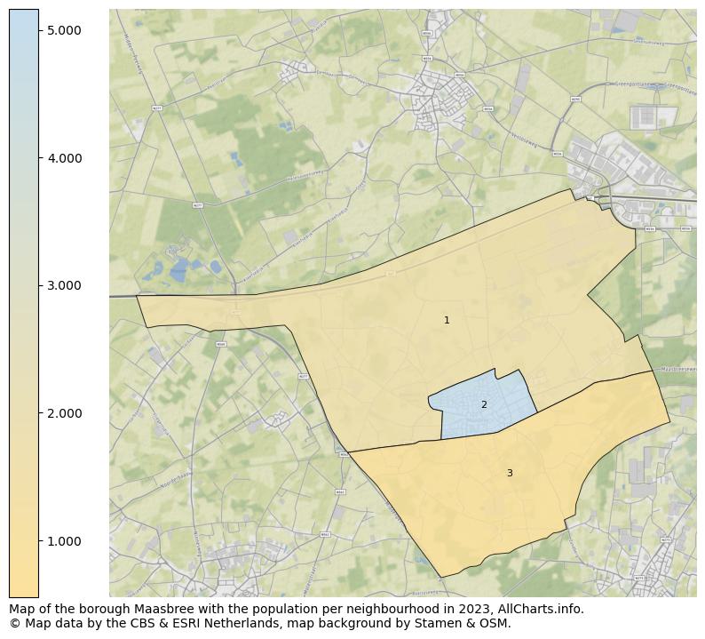 Map of the borough Maasbree with the population per neighbourhood in 2023. This page shows a lot of information about residents (such as the distribution by age groups, family composition, gender, native or Dutch with an immigration background, ...), homes (numbers, types, price development, use, type of property, ...) and more (car ownership, energy consumption, ...) based on open data from the Dutch Central Bureau of Statistics and various other sources!