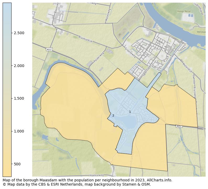 Map of the borough Maasdam with the population per neighbourhood in 2023. This page shows a lot of information about residents (such as the distribution by age groups, family composition, gender, native or Dutch with an immigration background, ...), homes (numbers, types, price development, use, type of property, ...) and more (car ownership, energy consumption, ...) based on open data from the Dutch Central Bureau of Statistics and various other sources!