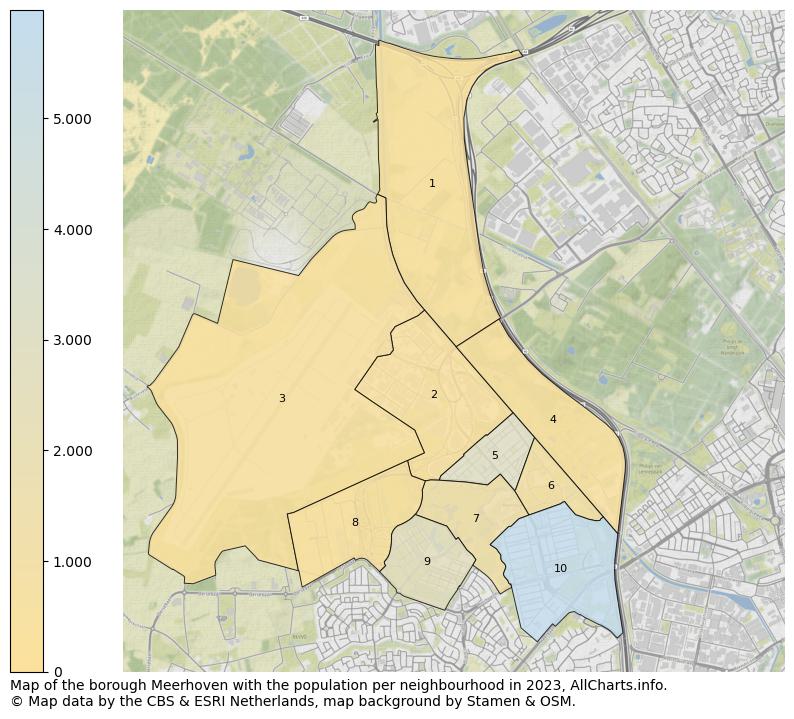 Map of the borough Meerhoven with the population per neighbourhood in 2023. This page shows a lot of information about residents (such as the distribution by age groups, family composition, gender, native or Dutch with an immigration background, ...), homes (numbers, types, price development, use, type of property, ...) and more (car ownership, energy consumption, ...) based on open data from the Dutch Central Bureau of Statistics and various other sources!