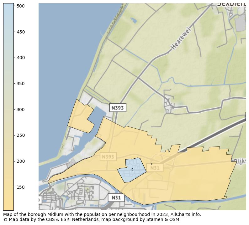 Map of the borough Midlum with the population per neighbourhood in 2023. This page shows a lot of information about residents (such as the distribution by age groups, family composition, gender, native or Dutch with an immigration background, ...), homes (numbers, types, price development, use, type of property, ...) and more (car ownership, energy consumption, ...) based on open data from the Dutch Central Bureau of Statistics and various other sources!