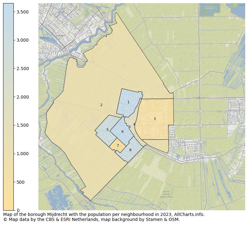 Map of the borough Mijdrecht with the population per neighbourhood in 2023. This page shows a lot of information about residents (such as the distribution by age groups, family composition, gender, native or Dutch with an immigration background, ...), homes (numbers, types, price development, use, type of property, ...) and more (car ownership, energy consumption, ...) based on open data from the Dutch Central Bureau of Statistics and various other sources!