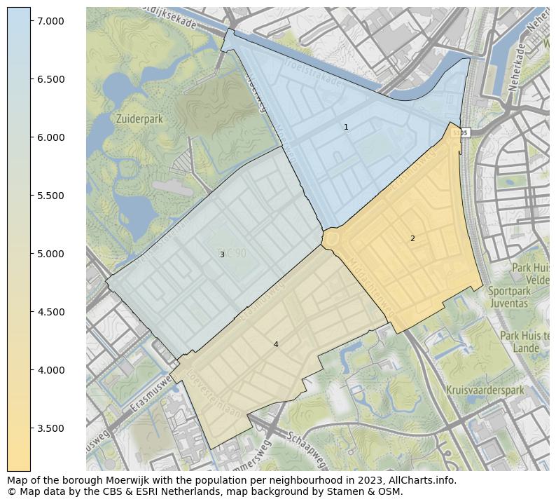 Map of the borough Moerwijk with the population per neighbourhood in 2023. This page shows a lot of information about residents (such as the distribution by age groups, family composition, gender, native or Dutch with an immigration background, ...), homes (numbers, types, price development, use, type of property, ...) and more (car ownership, energy consumption, ...) based on open data from the Dutch Central Bureau of Statistics and various other sources!