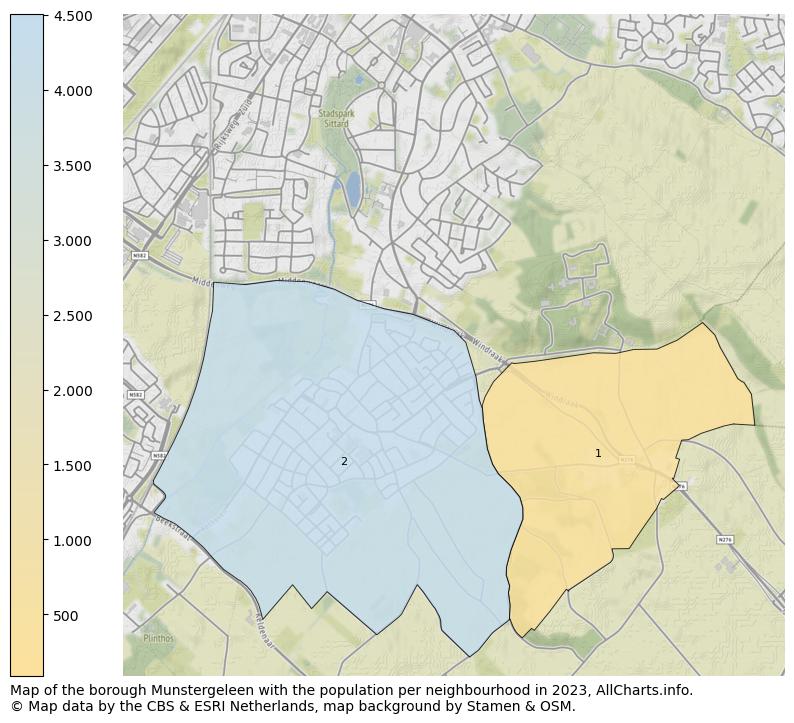 Map of the borough Munstergeleen with the population per neighbourhood in 2023. This page shows a lot of information about residents (such as the distribution by age groups, family composition, gender, native or Dutch with an immigration background, ...), homes (numbers, types, price development, use, type of property, ...) and more (car ownership, energy consumption, ...) based on open data from the Dutch Central Bureau of Statistics and various other sources!
